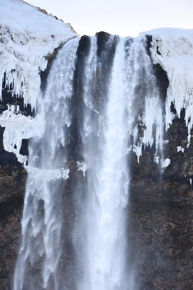 Cascade puissante tombant d'une falaise recouverte de glace et stalactites