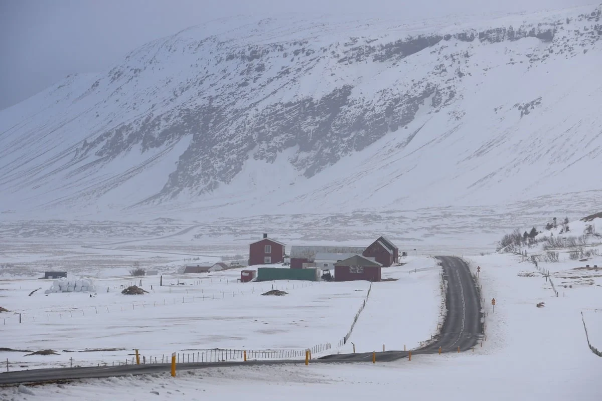 Route en hiver avec de la neige, et une montagne au fond