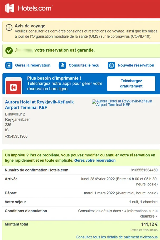 Mail de réservation d'un hôtel