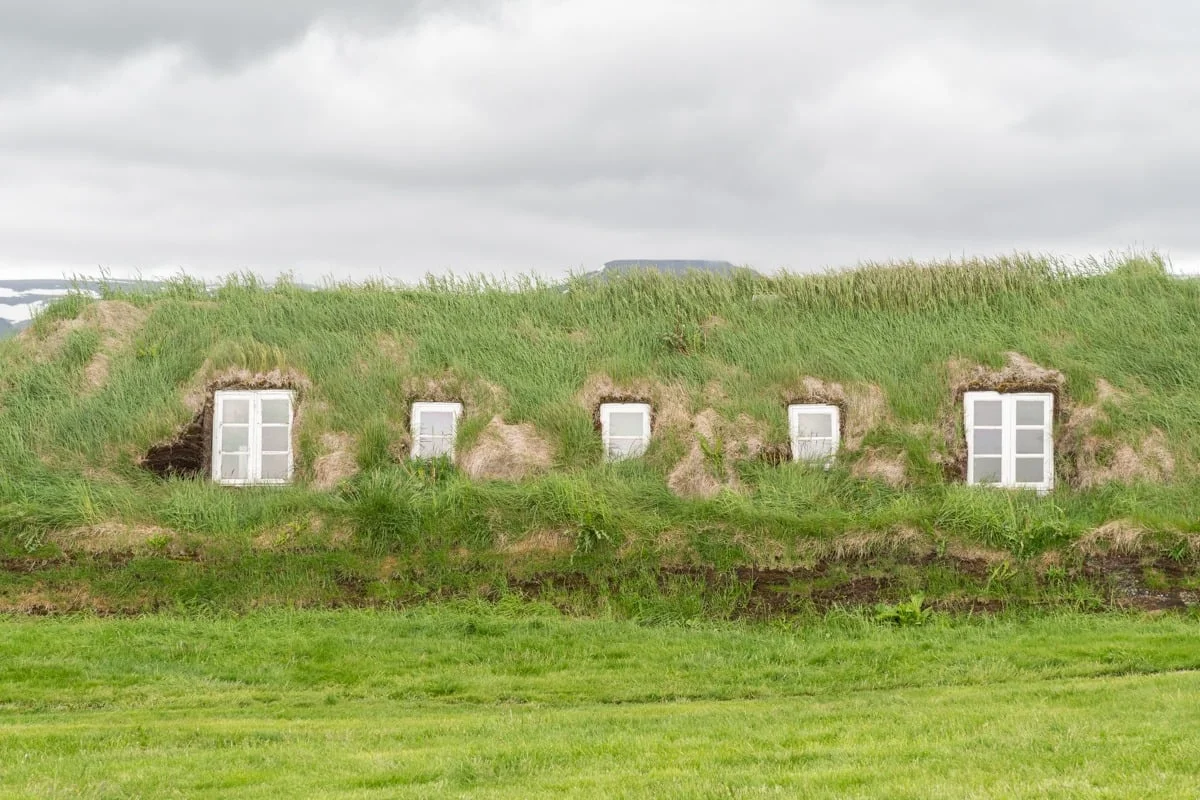 Rangée de fenêtres blanches enchâssées dans un toit de tourbe herbeux