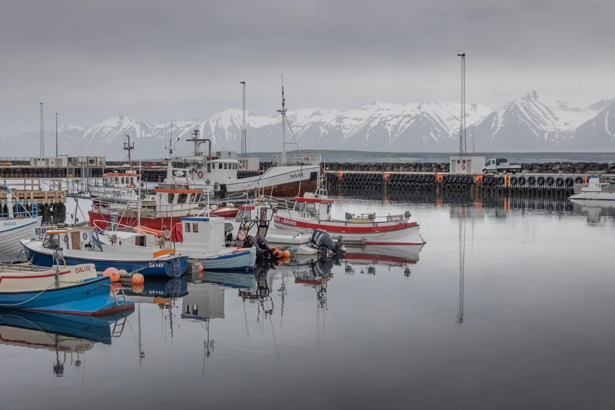 Bateaux de pêche colorés amarrés dans un port calme avec montagnes enneigées