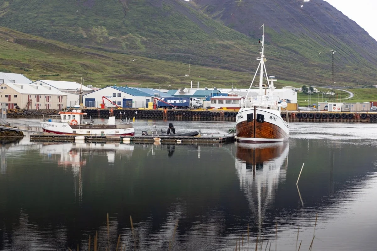 Bateaux de pêche amarrés dans le port avec reflets sur l'eau