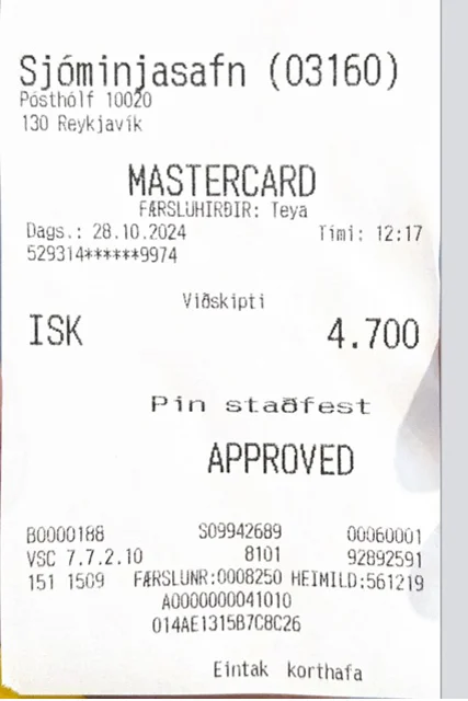 Reçu d'un musée à Reykjavik