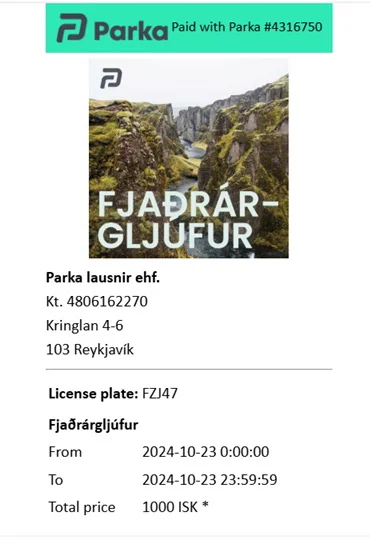 Reçu du parking du canyon Fjadrargljufur
