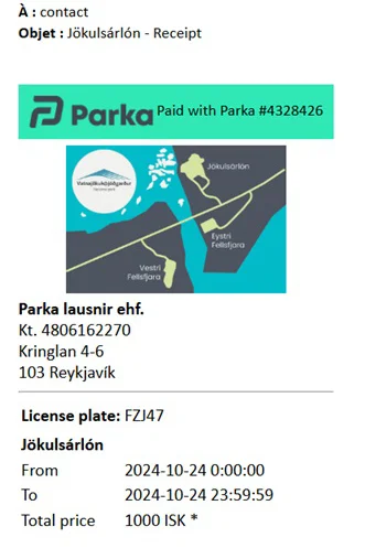 Ticket du parking de Jokulsarlon