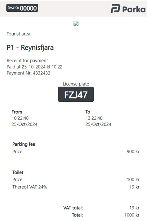 Ticket du parking de Reynisfjara