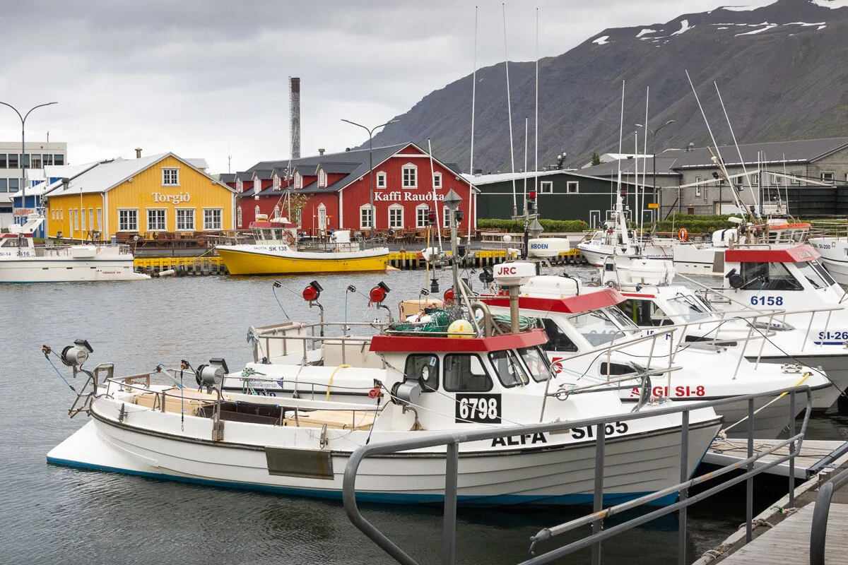 bateaux de pêche amarrés dans un port avec maisons colorées en arrière plan