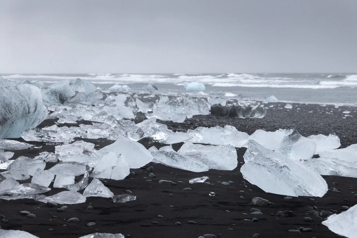 glaçons échoués sur une plage de sable noir
