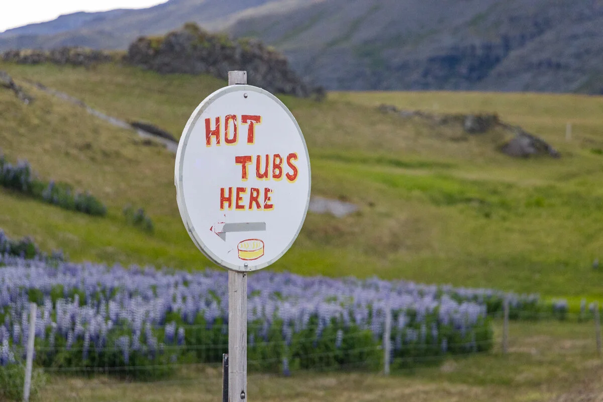 panneau du "Hot Tubs" dans un paysage rural avec lupins