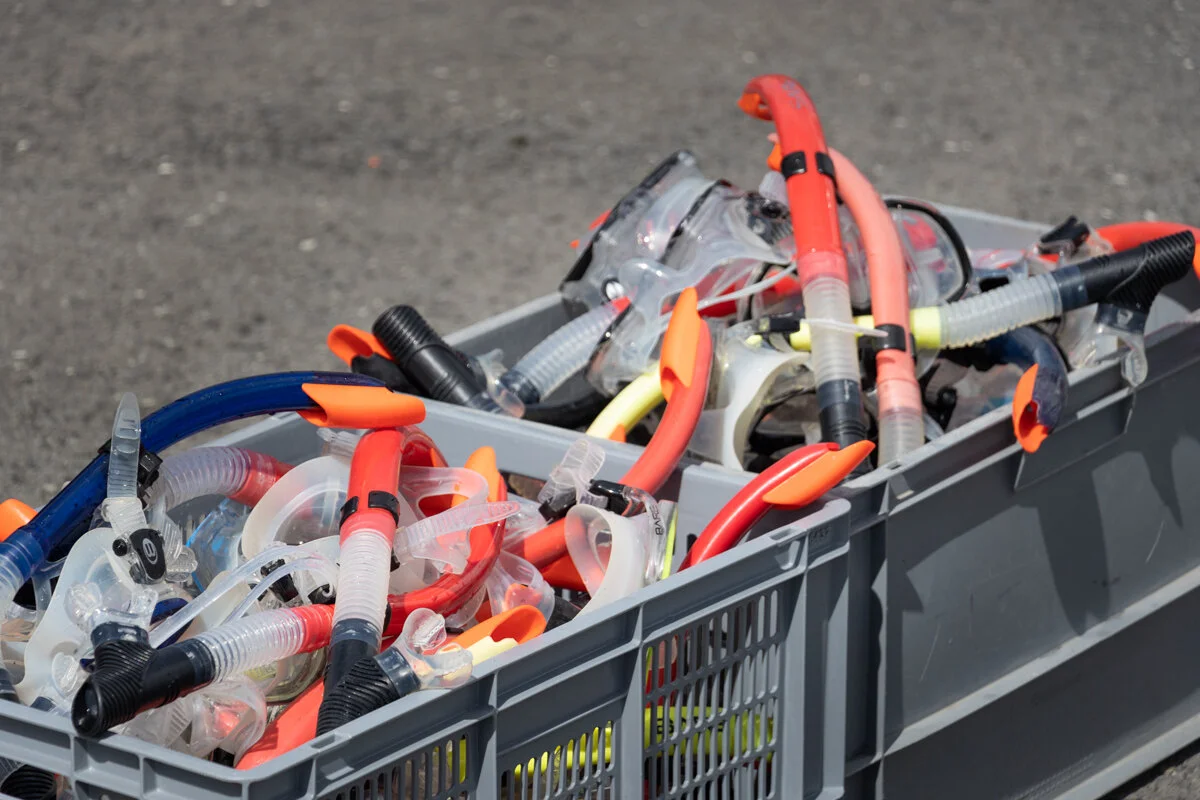 tubas dans une caisse en plastique