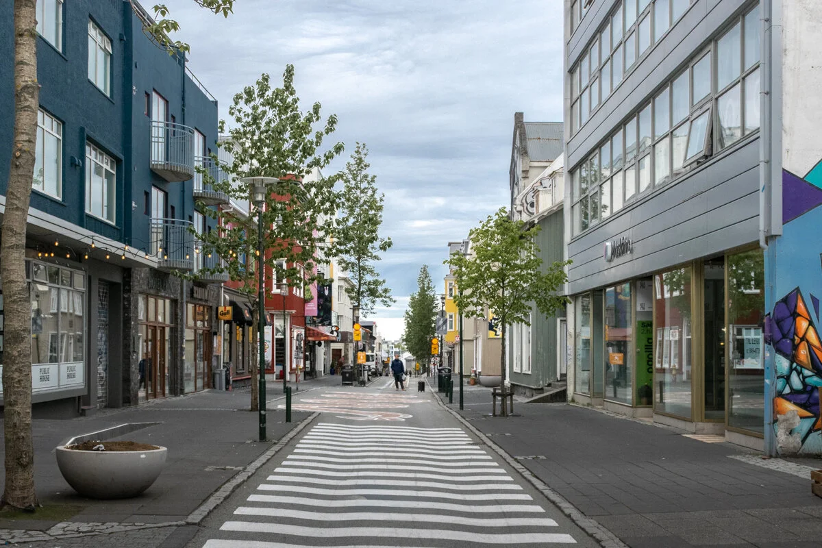 rue piétonne urbaine avec passages cloutés et commerces