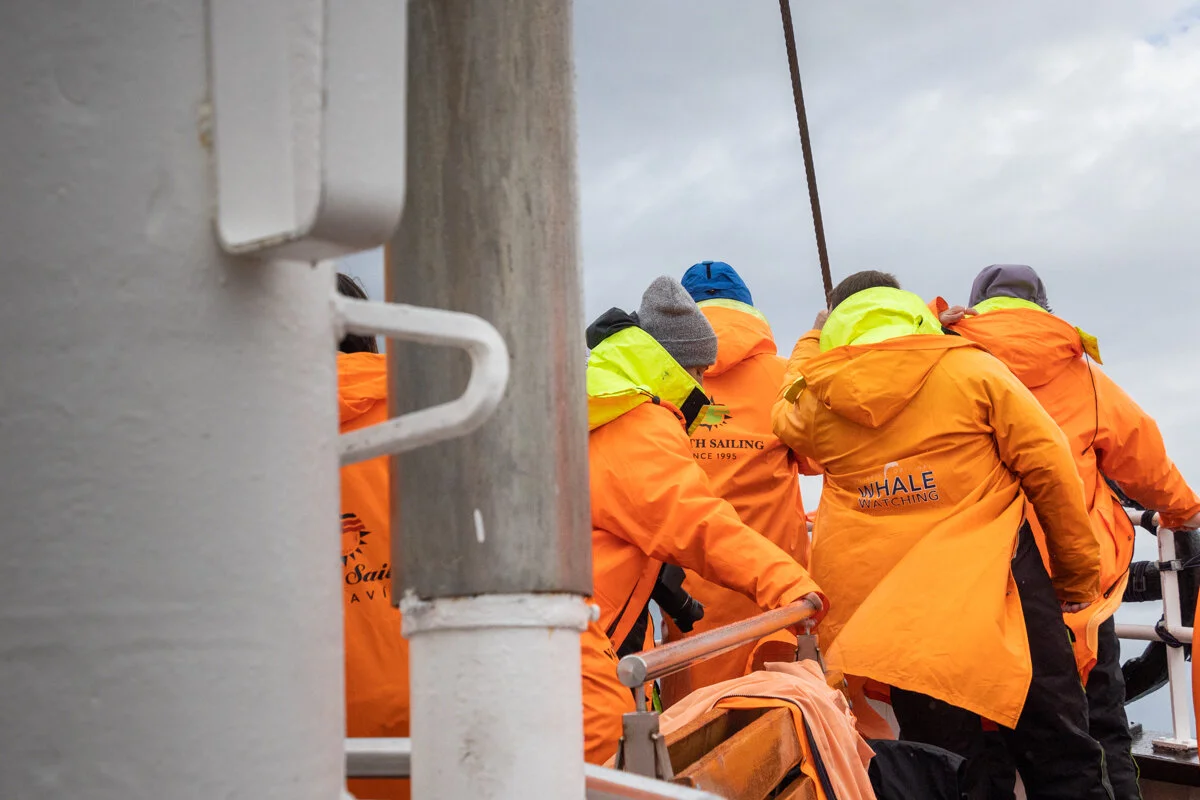 touristes avec des imperméables oranges sur un bateau