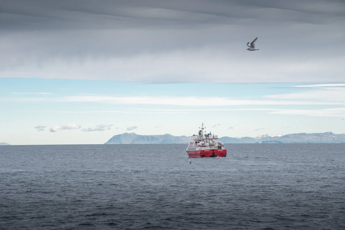un bateau rouge navigue en mer avec des montagnes en arrière-plan
