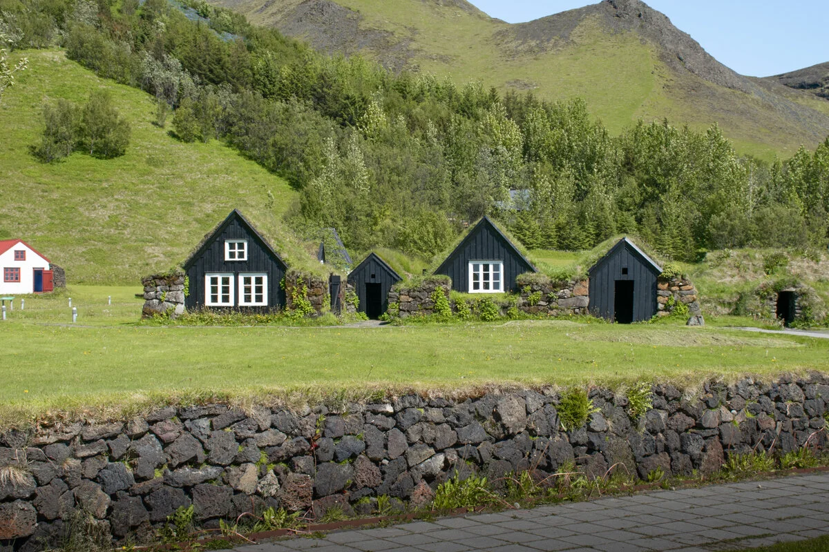 petites maisons noires avec toit en herbe