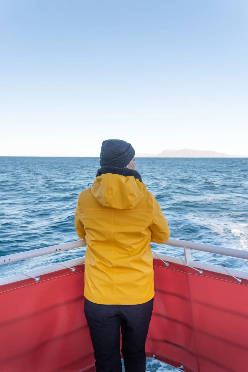 personne en veste jaune regardant l'océan depuis un bateau