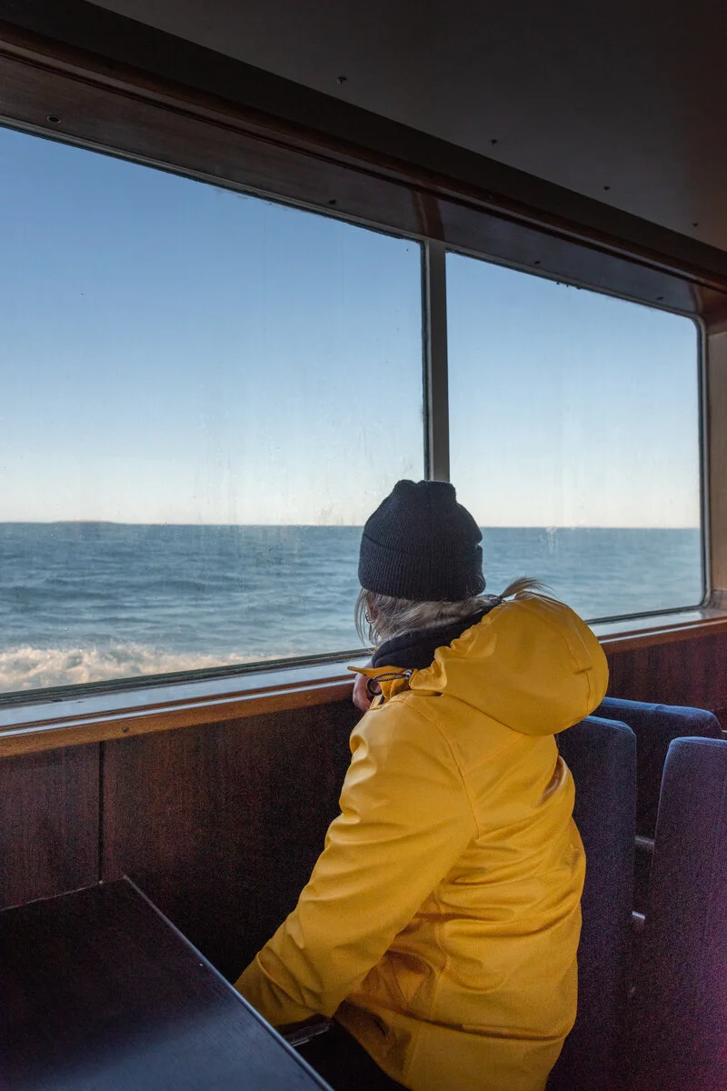 une femme qui regarde l'horizon depuis l'intérieur d'un bateau