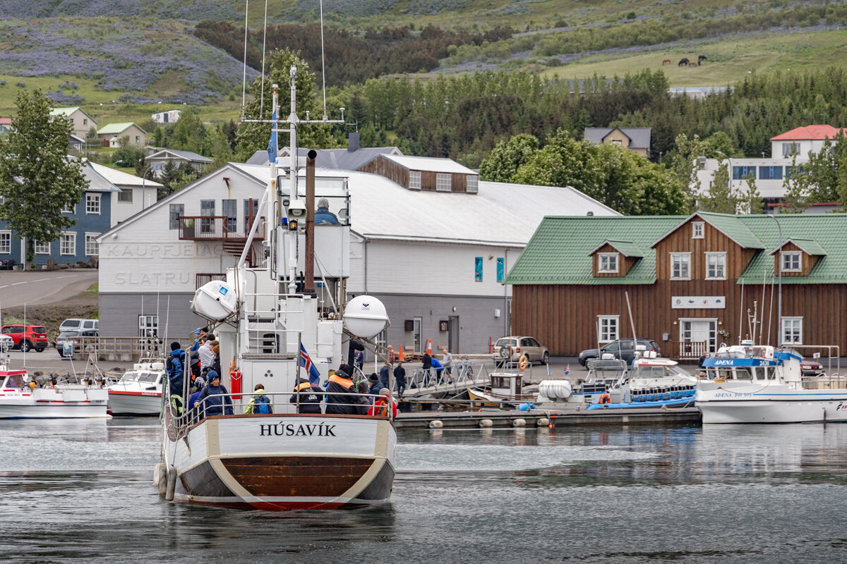 Bateaux dans le port devant Husavik