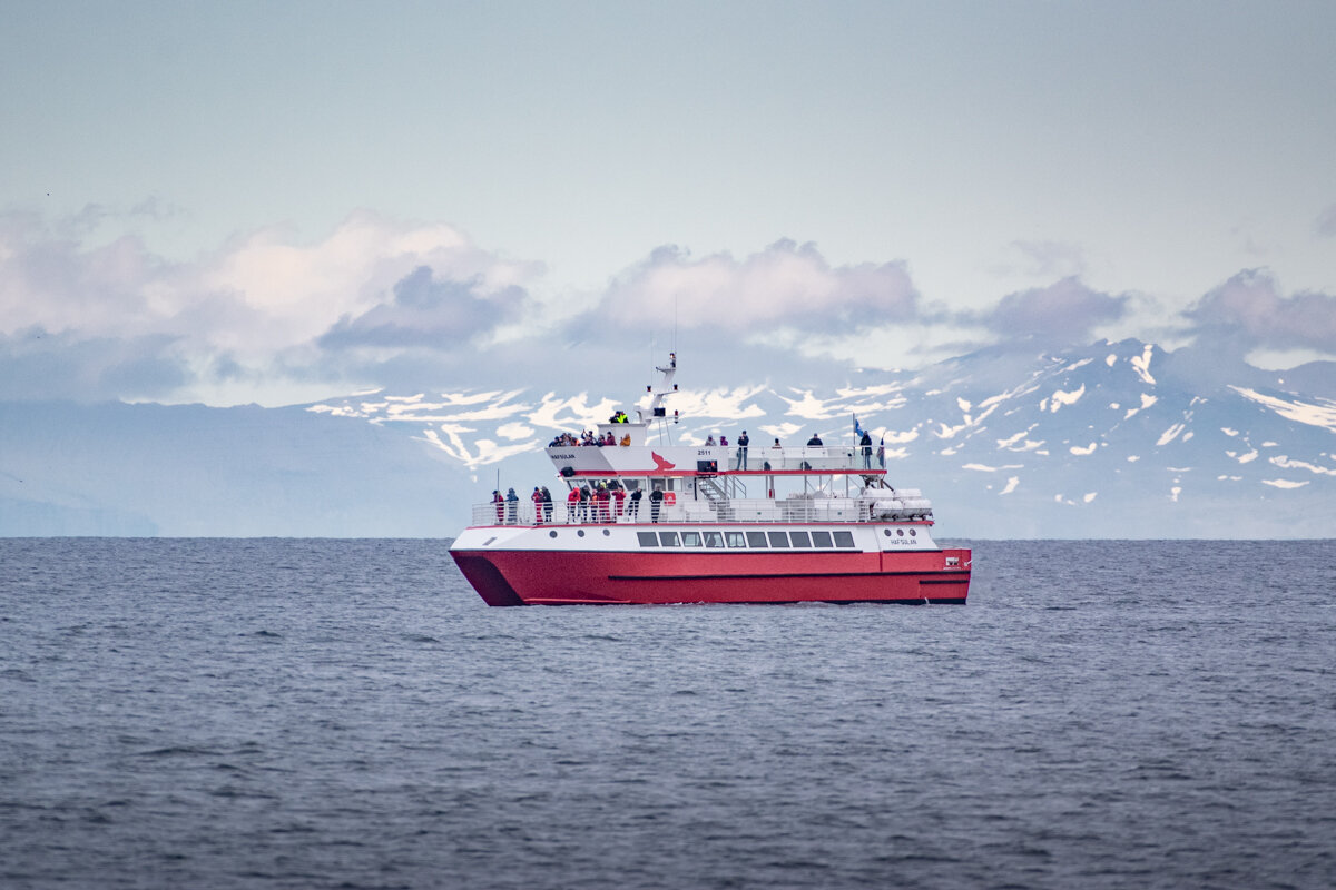 Bateau d'excursion baleines dans la baie de Faxafloi au large de Reykjavik