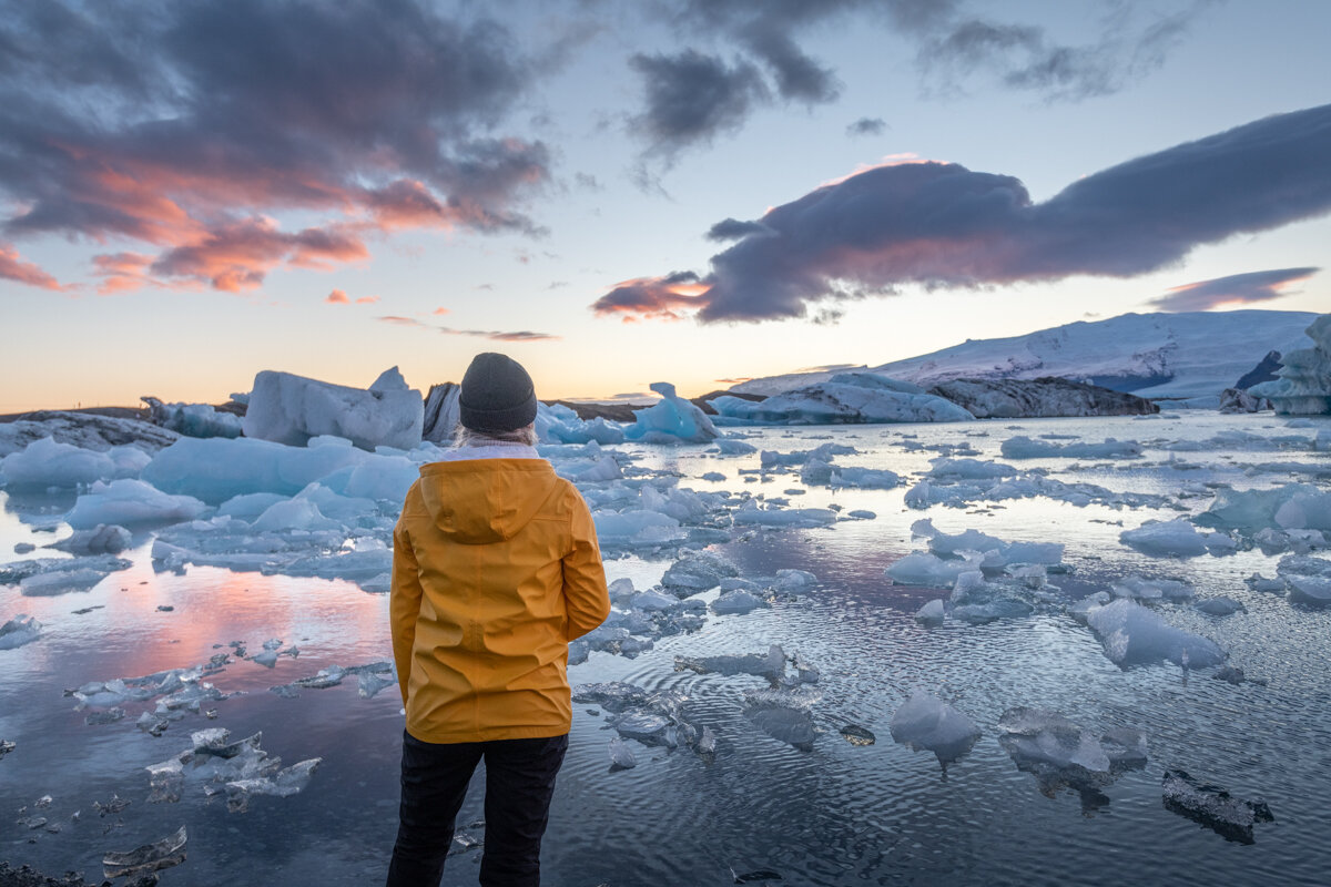 Coucher de soleil sur la lagune de Jokulsarlon