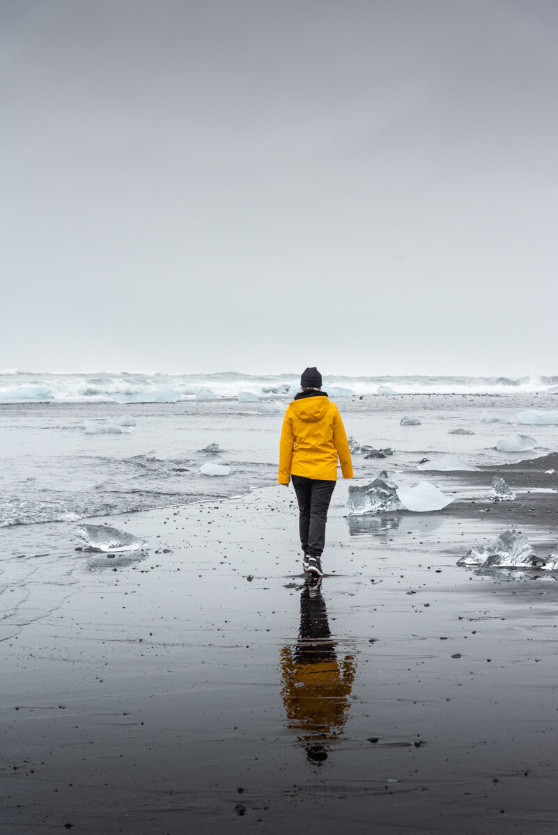 Reflets sur la Diamond Beach à Jokulsarlon